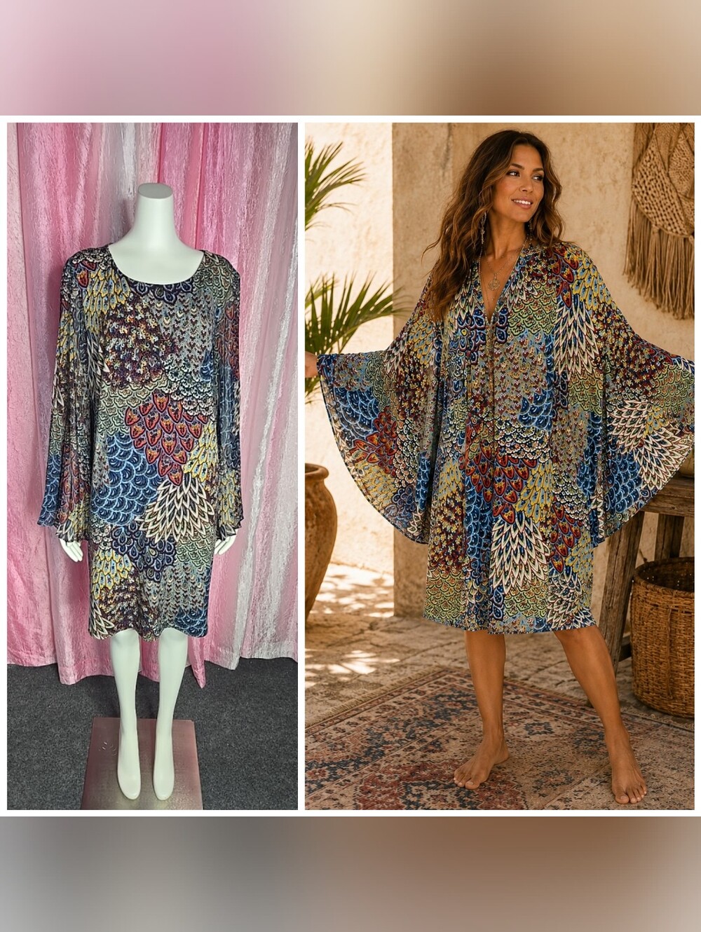 Ivy Road Colorful Peacock Print Sheer Boho Bell Sleeve Shift Dress Size XL